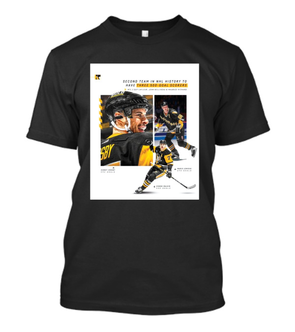 Pittsburgh Penguins Historic 500 Goal Scorers Sidney Crosby Mario Lemieux Evgeni Malkin NHL Milestone T-Shirt