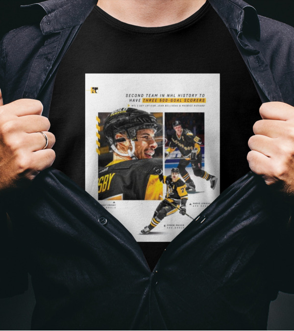 Pittsburgh Penguins Historic 500 Goal Scorers Sidney Crosby Mario Lemieux Evgeni Malkin NHL Milestone T-Shirt
