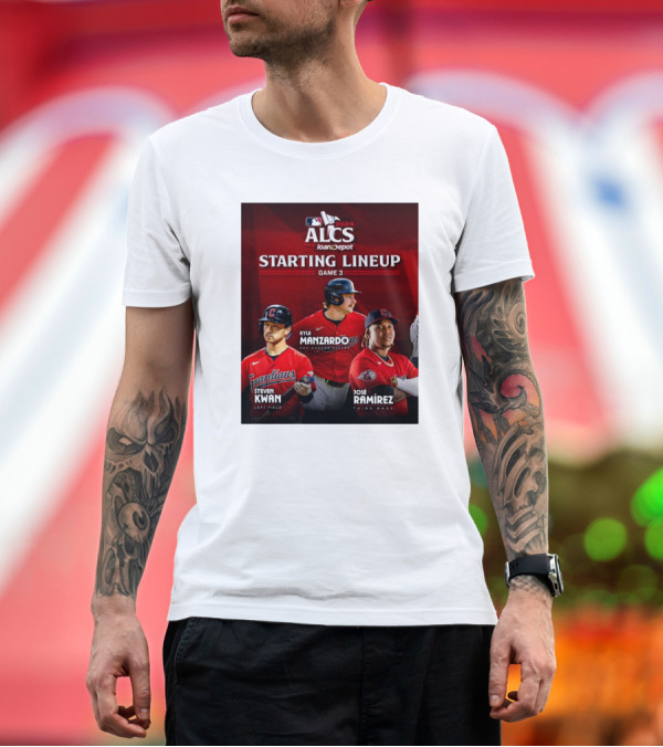 Premium T-Shirt: Cleveland Guardians Steven Kwan Jose Ramirez Kyle Manzardo MLB 2024 ALCS Game 3 Starting Lineup T-Shirt Cleveland Guardians Steven Kwan Jose Ramirez Kyle Manzardo MLB 2024 ALCS Game 3 Starting Lineup T-Shirt