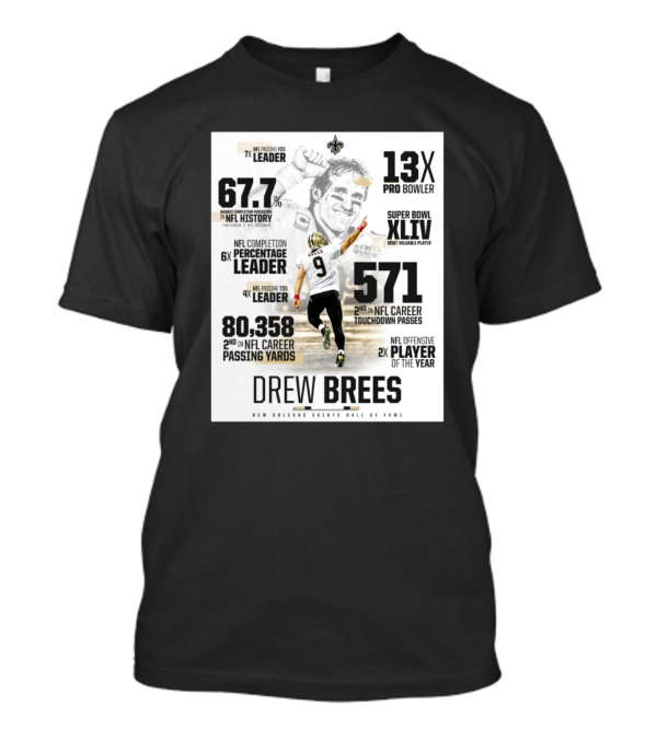 New Orleans Saints Hall Of Fame Drew Brees 13X Pro Bowler Super Bowl XLIV MVP NFL Leader 80,358 Passing Yards T-Shirt