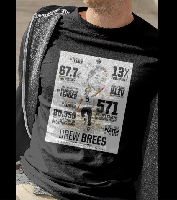 New Orleans Saints Hall Of Fame Drew Brees 13X Pro Bowler Super Bowl XLIV MVP NFL Leader 80,358 Passing Yards T-Shirt