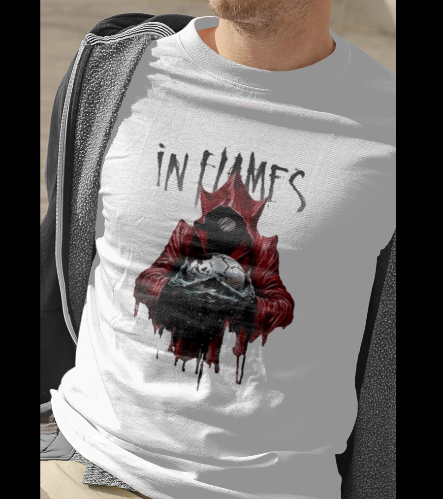 In Flames Siren Charms Red Hooded Figure Holding Cracked Mask T-Shirt