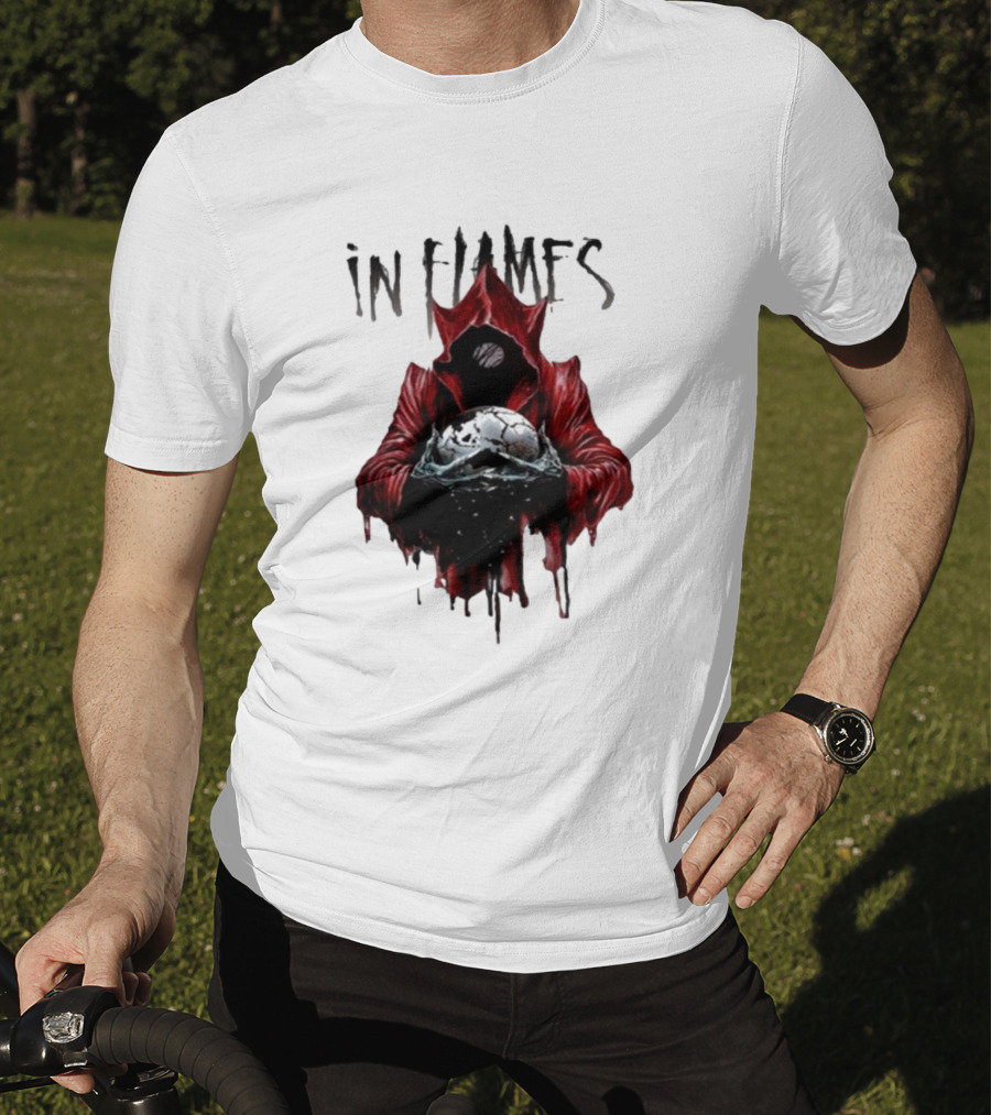 In Flames Siren Charms Red Hooded Figure Holding Cracked Mask T-Shirt