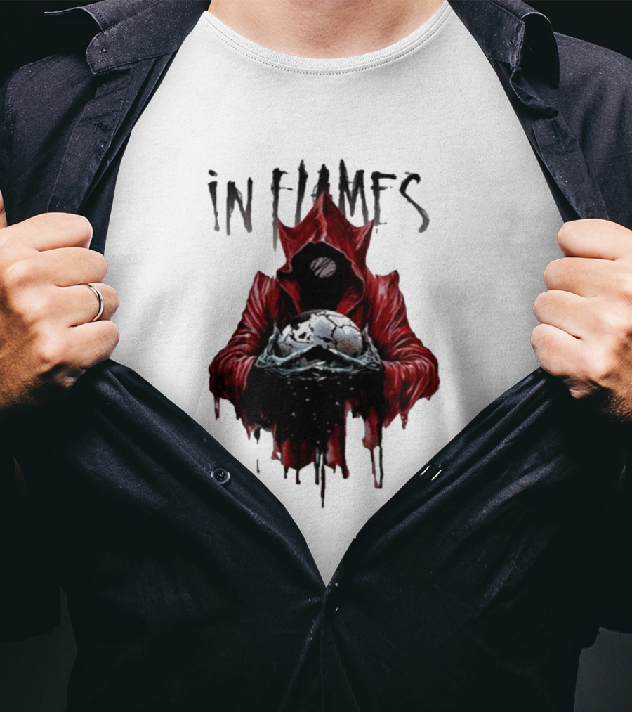 In Flames Siren Charms Red Hooded Figure Holding Cracked Mask T-Shirt