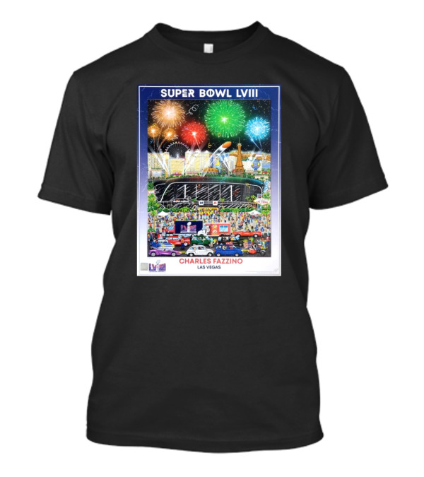 Super Bowl LVIII Charles Fazzino Las Vegas 2024 Stadium Fireworks Celebration T-Shirt
