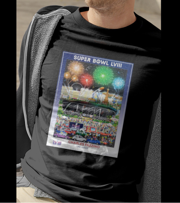Super Bowl LVIII Charles Fazzino Las Vegas 2024 Stadium Fireworks Celebration T-Shirt