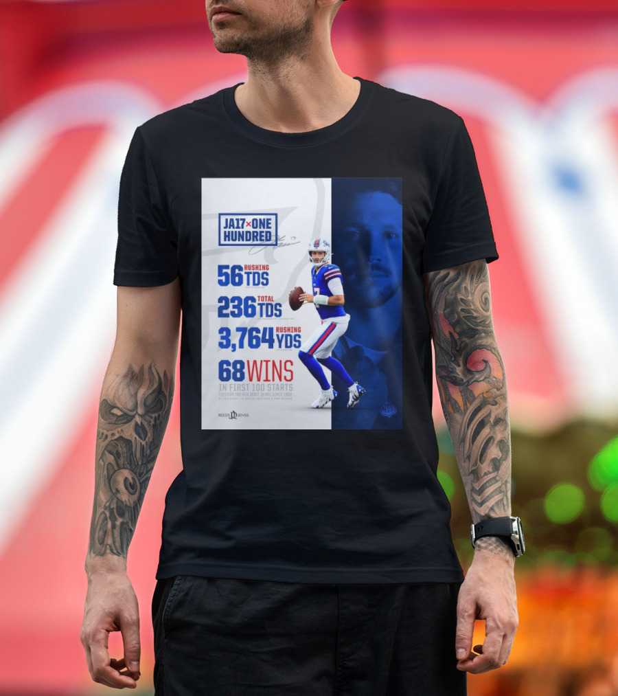 JA17 One Hundred 68 Wins First 100 Starts 56 Rushing TDs Buffalo Bills NFL Record Ties 6th Most Since 1950 T-Shirt