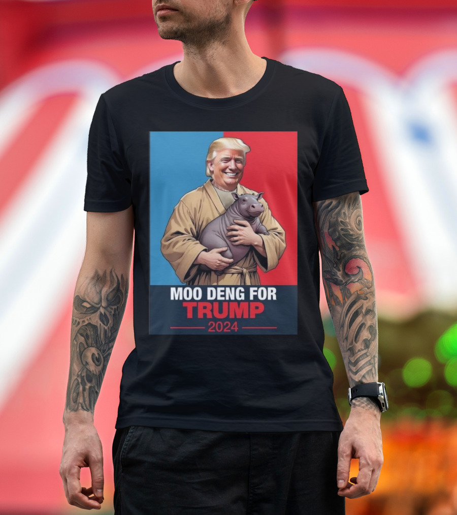 Moo Deng for Trump 2024 Vote Trump Red and Blue Background Image T-Shirt