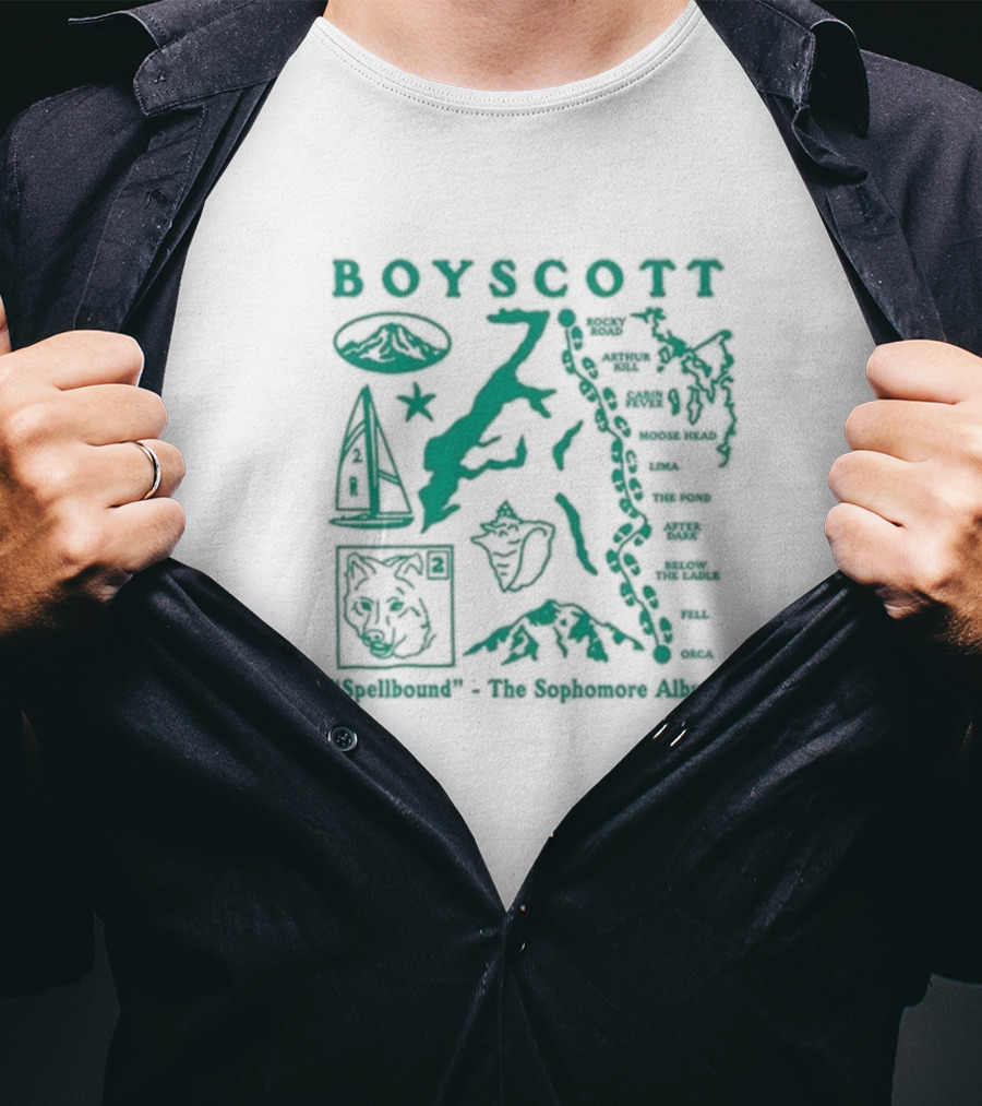 Boyscott Spellbound The Sophomore Album Map Theme With Wolf, Mountain, Boat, And Locations T-Shirt