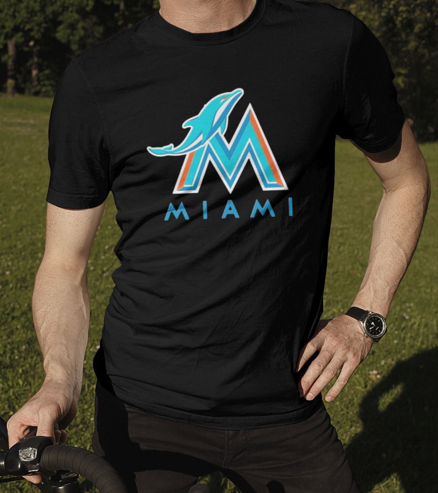 NFL X MLB Miami Dolphins X Miami Marlins M Logo Mashup Miami T-Shirt