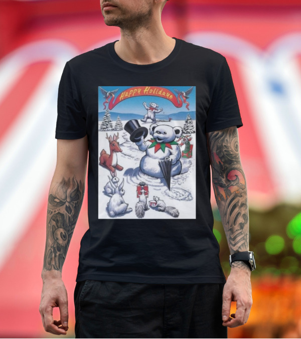 Premium T-Shirt: Grateful Dead Happy Holidays Snowman Bear with Animals and Snowy Landscape T-Shirt Grateful Dead Happy Holidays Snowman Bear with Animals and Snowy Landscape T-Shirt