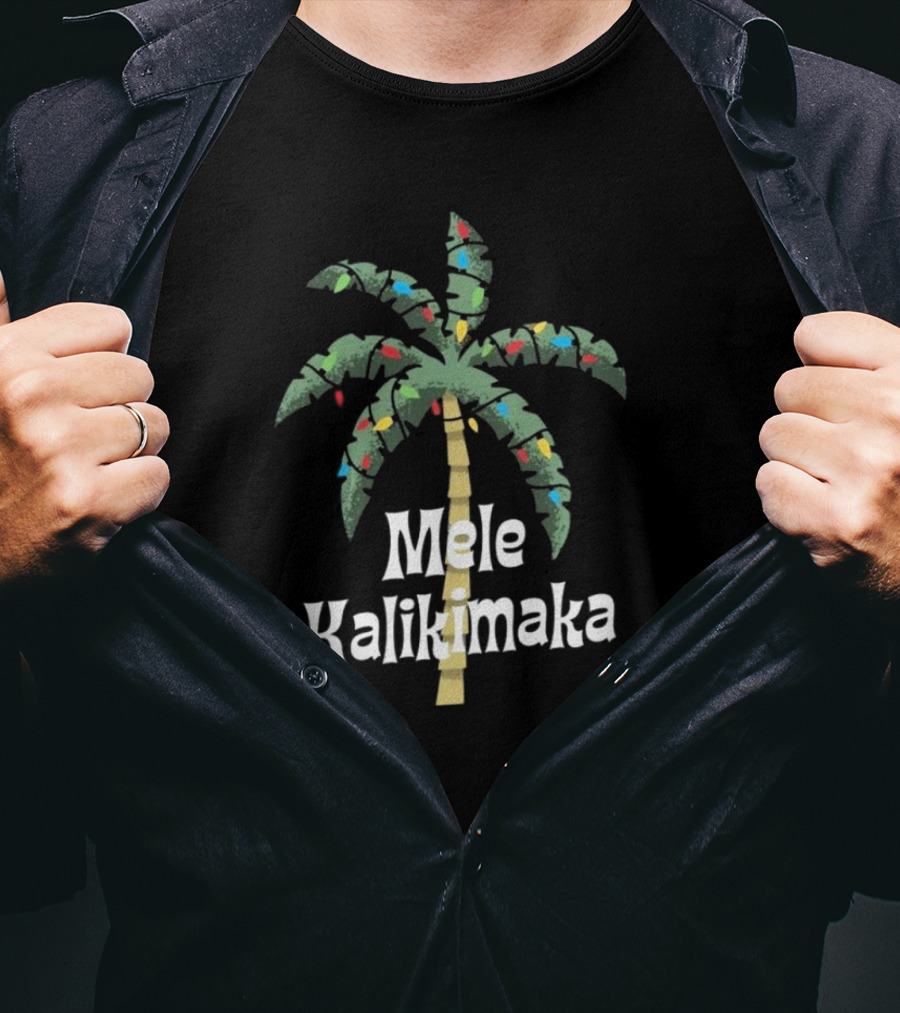 Mele Kalikimaka Christmas Palm Tree With Holiday Lights T-Shirt