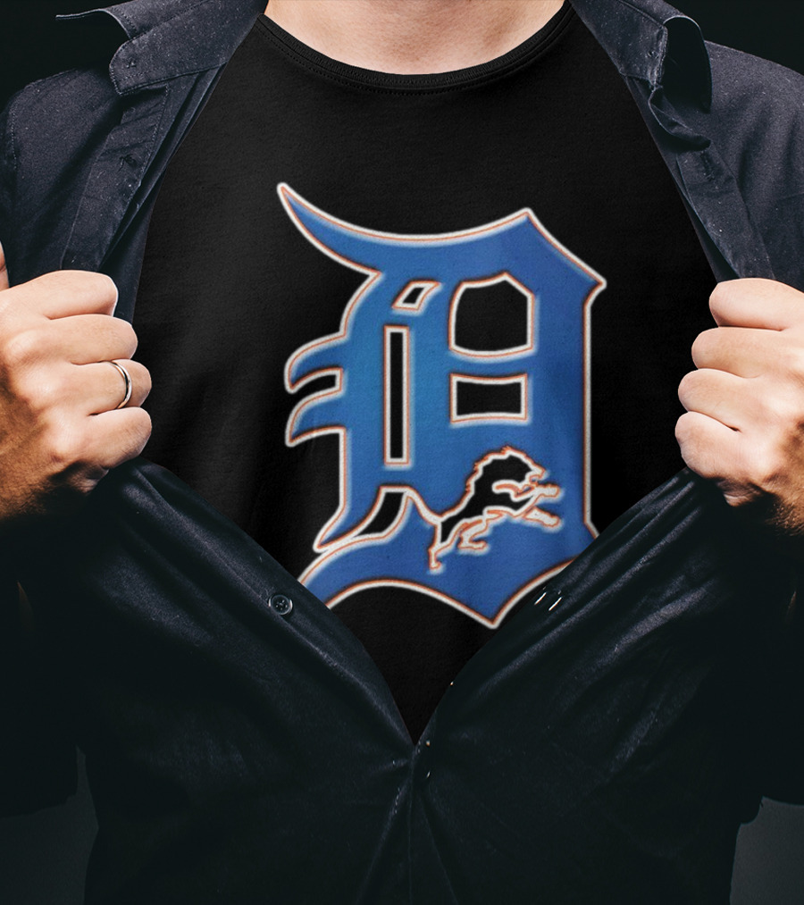 Detroit Lions Tigers Logo Mashup NFL MLB Blue D T-Shirt