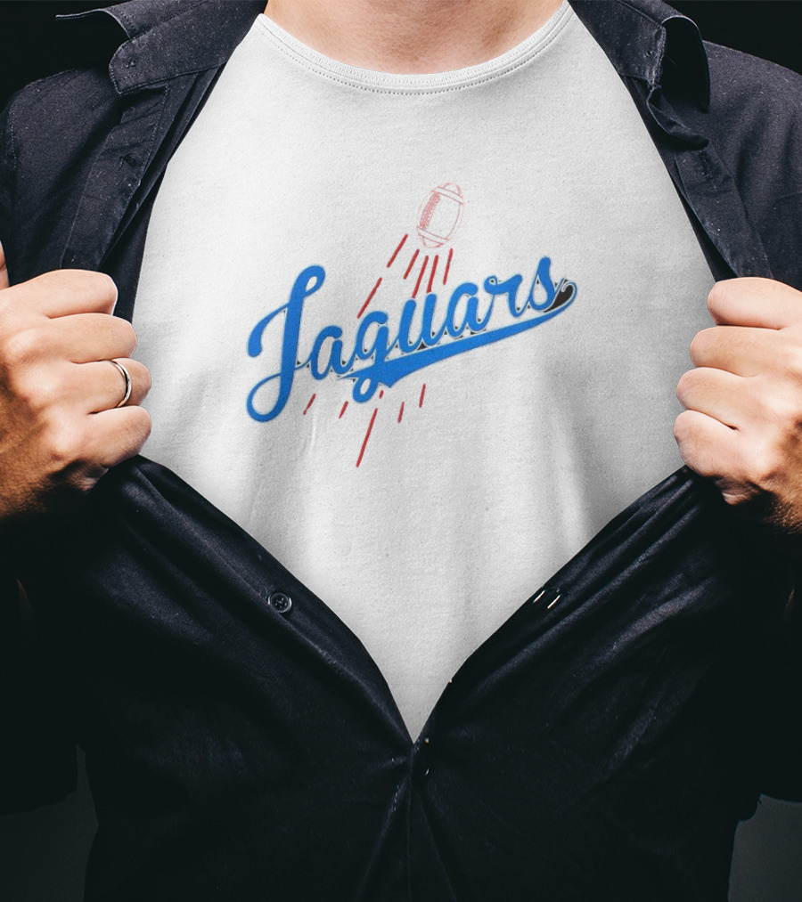 Jacksonville Jaguars Los Angeles Dodgers Crossover Jaguars Script With Football T-Shirt