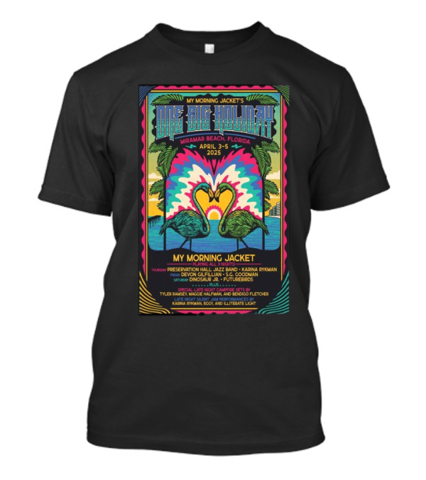 My Morning Jacket One Big Holiday 2025 Miramar Beach April 3-5 Flamingo Palm Trees Retro Sunburst T-Shirt