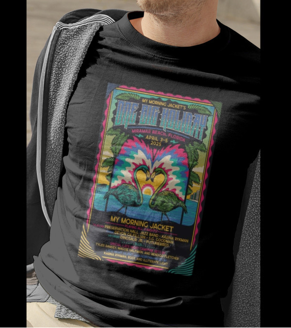 My Morning Jacket One Big Holiday 2025 Miramar Beach April 3-5 Flamingo Palm Trees Retro Sunburst T-Shirt