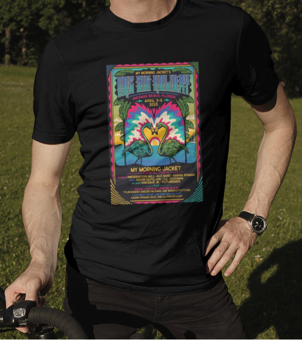 My Morning Jacket One Big Holiday 2025 Miramar Beach April 3-5 Flamingo Palm Trees Retro Sunburst T-Shirt