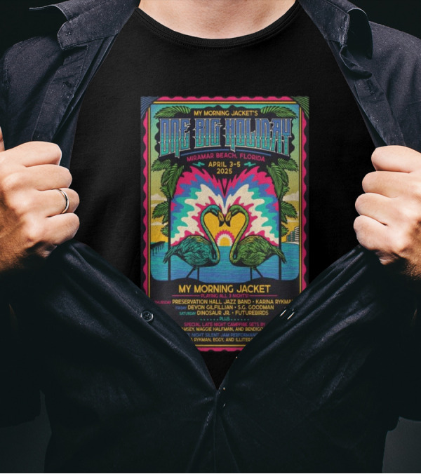 My Morning Jacket One Big Holiday 2025 Miramar Beach April 3-5 Flamingo Palm Trees Retro Sunburst T-Shirt