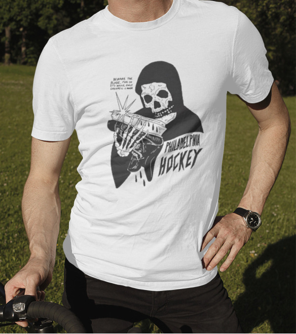 Philadelphia Hockey Beware The Blade Skeleton Holding Skate Only Darkness Is Made T-Shirt