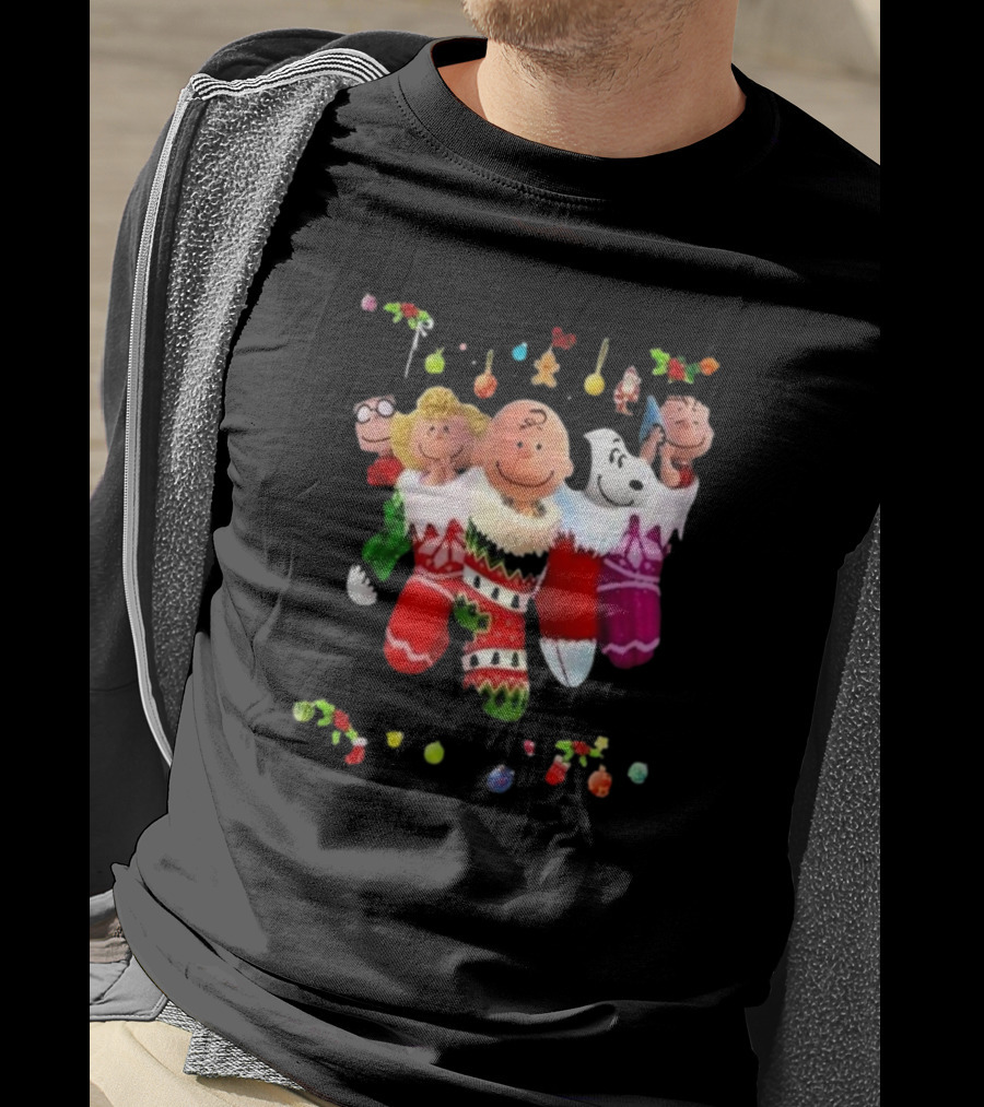 Peanuts Snoopy Charlie Brown Christmas Stockings Santa Claus Friends Holiday Cheer T-Shirt