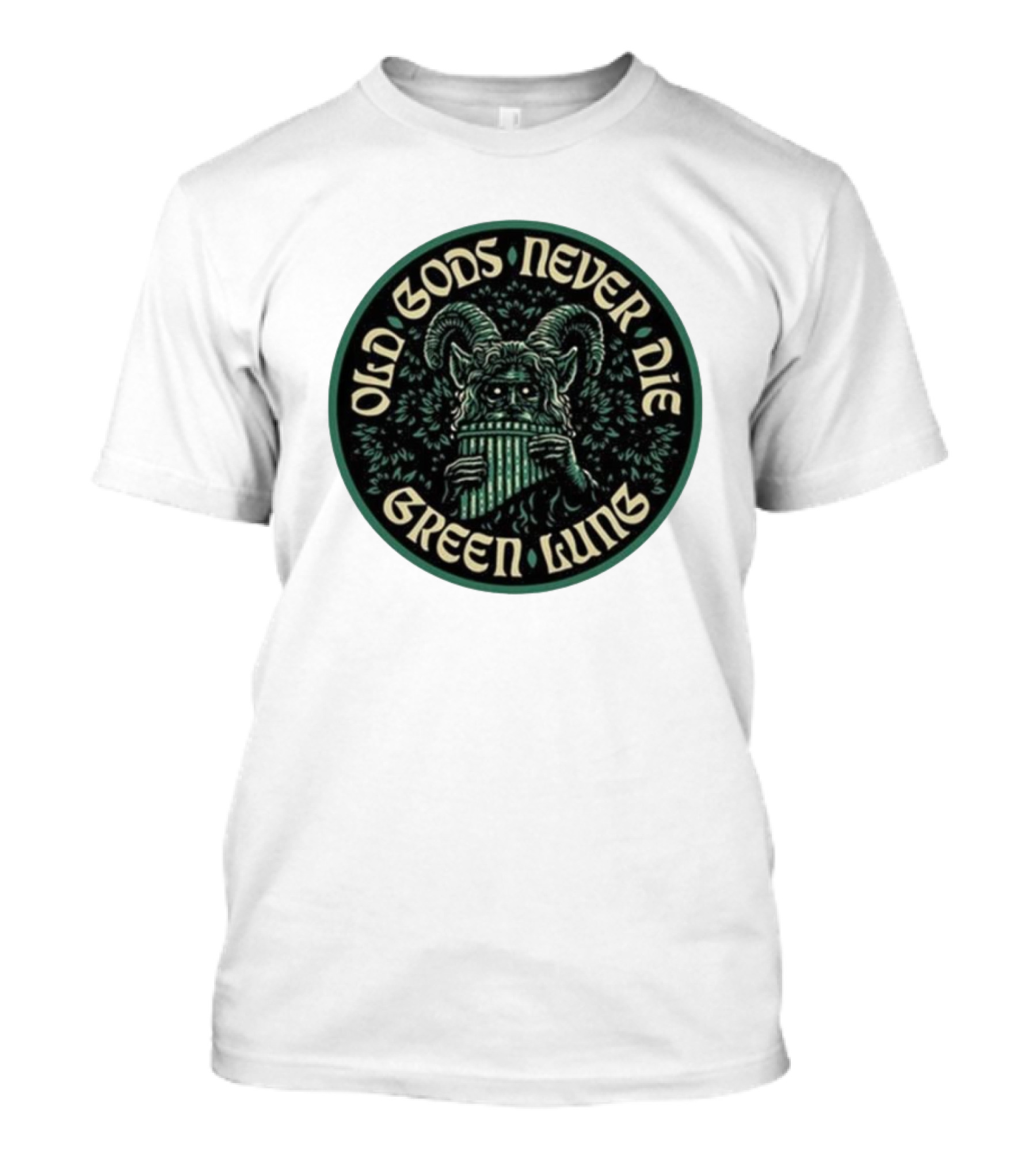 Green Lung Old Gods Never Die Pagan Horned Creature Playing Pan Flute T-Shirt