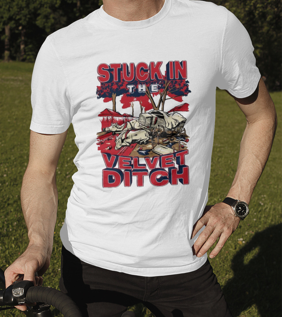Stuck In The Velvet Ditch Ole Miss Rebels Wagon Red Blue Trees T-Shirt
