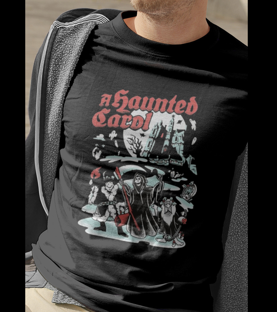 A Haunted Carol Ghostly Christmas Adventure With Skeletons And Snowy Graveyard T-Shirt
