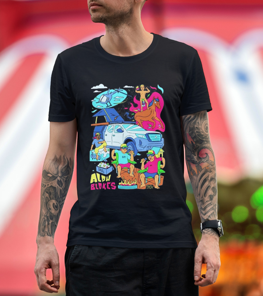 Alpha Blokes Podcast Cartoon Adventure Helicopter Beer Camping Fire T-Shirt