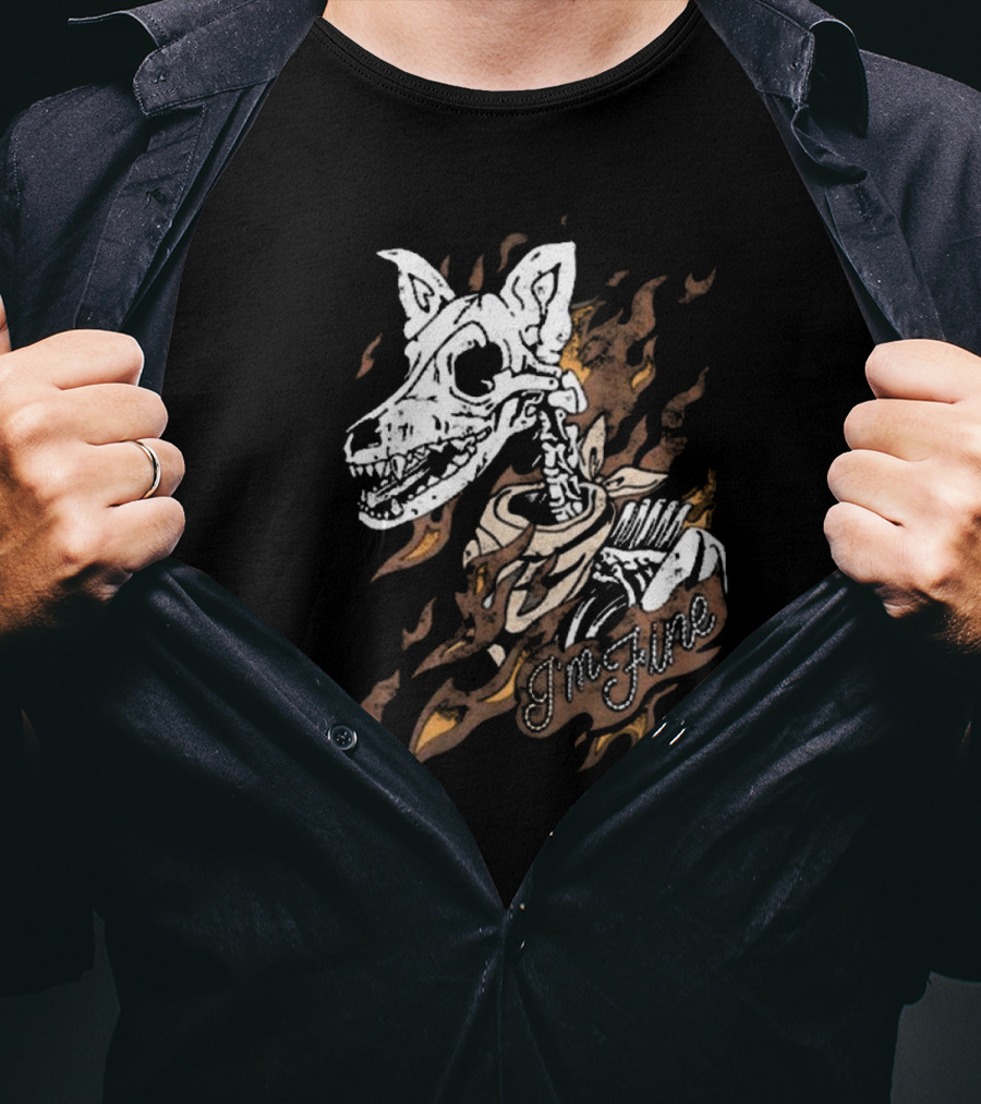 Ew Otto By Kris I’m Fine Skeleton Dog With Flames Vintage T-Shirt