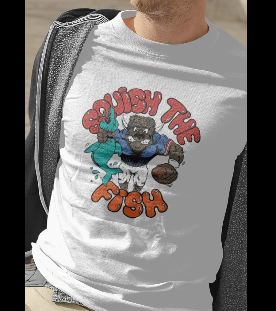 Buffalo Bills NFL Squish The Fish Vintage Rivalry Graphic Featuring Cartoon Football Player And Fish T-Shirt