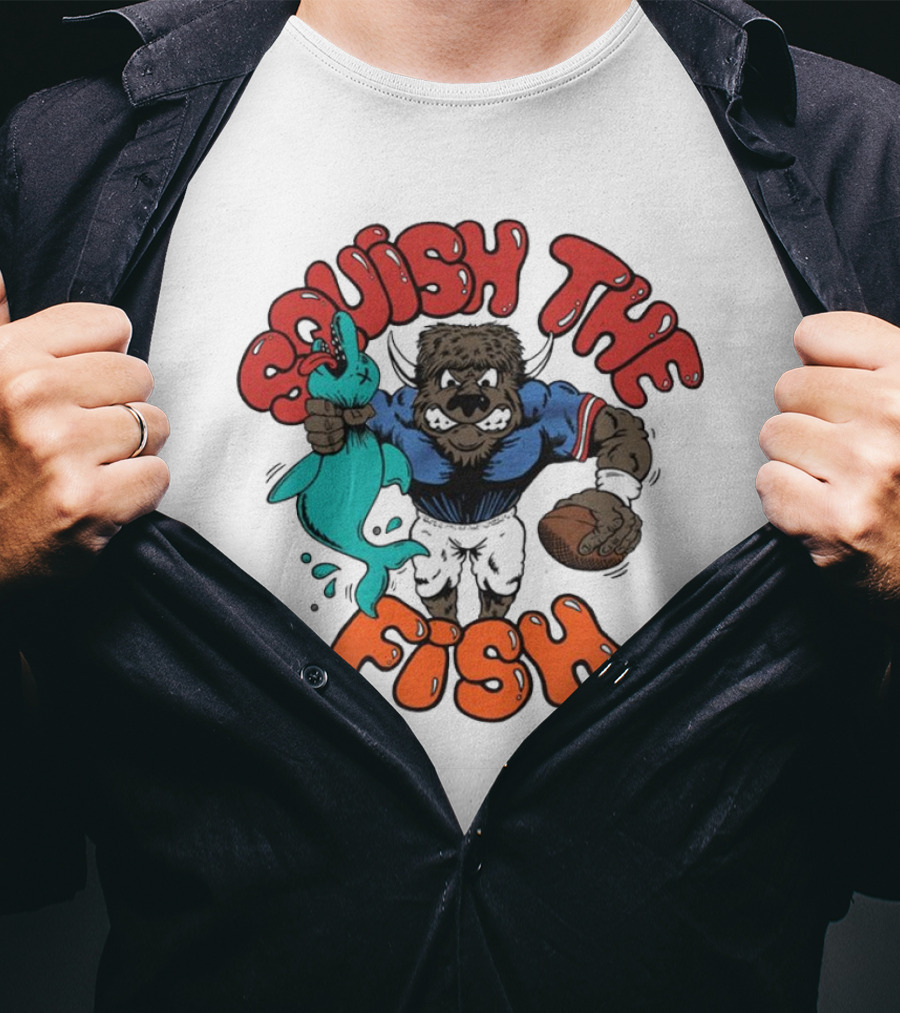 Buffalo Bills NFL Squish The Fish Vintage Rivalry Graphic Featuring Cartoon Football Player And Fish T-Shirt