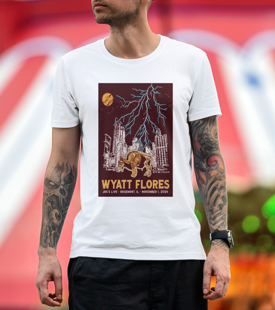 Wyatt Flores Joe's Live Rosemont IL November 1 2024 Lightning Cityscape Buffalo With Bo Stalnch T-Shirt