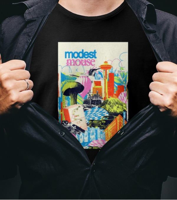 Modest Mouse October 30 2024 Paramount Theatre Seattle WA Colorful Cityscape With Space Needle T-Shirt