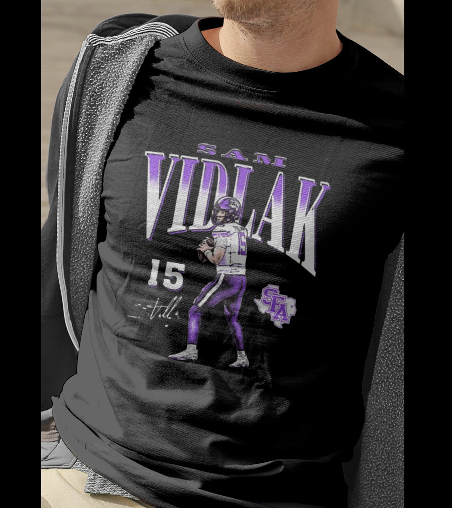 Sam Vidlak 15 SFA Stephen F. Austin Lumberjacks Football Cartoon Signature T-Shirt
