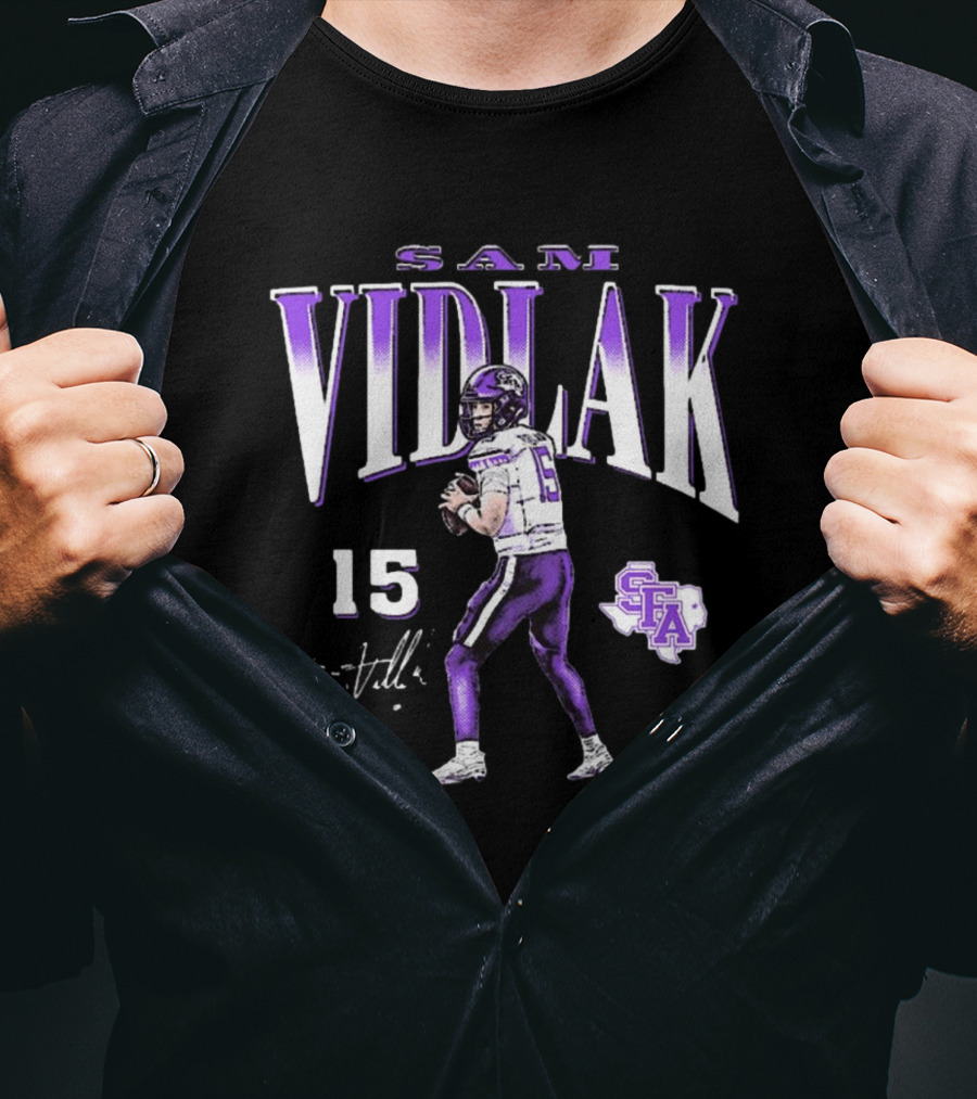 Sam Vidlak 15 SFA Stephen F. Austin Lumberjacks Football Cartoon Signature T-Shirt