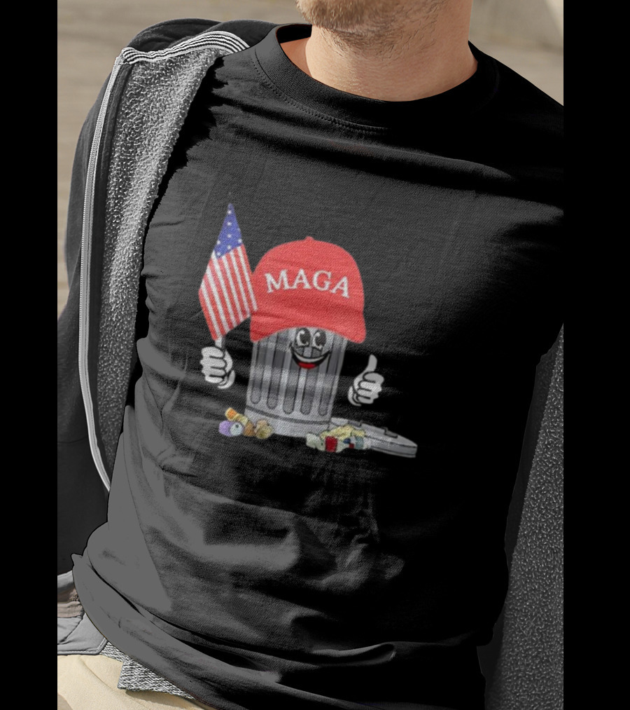MAGA Hat Wearing Garbage Can Giving Thumbs Up Holding American Flag T-Shirt