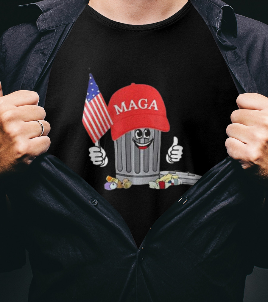MAGA Hat Wearing Garbage Can Giving Thumbs Up Holding American Flag T-Shirt