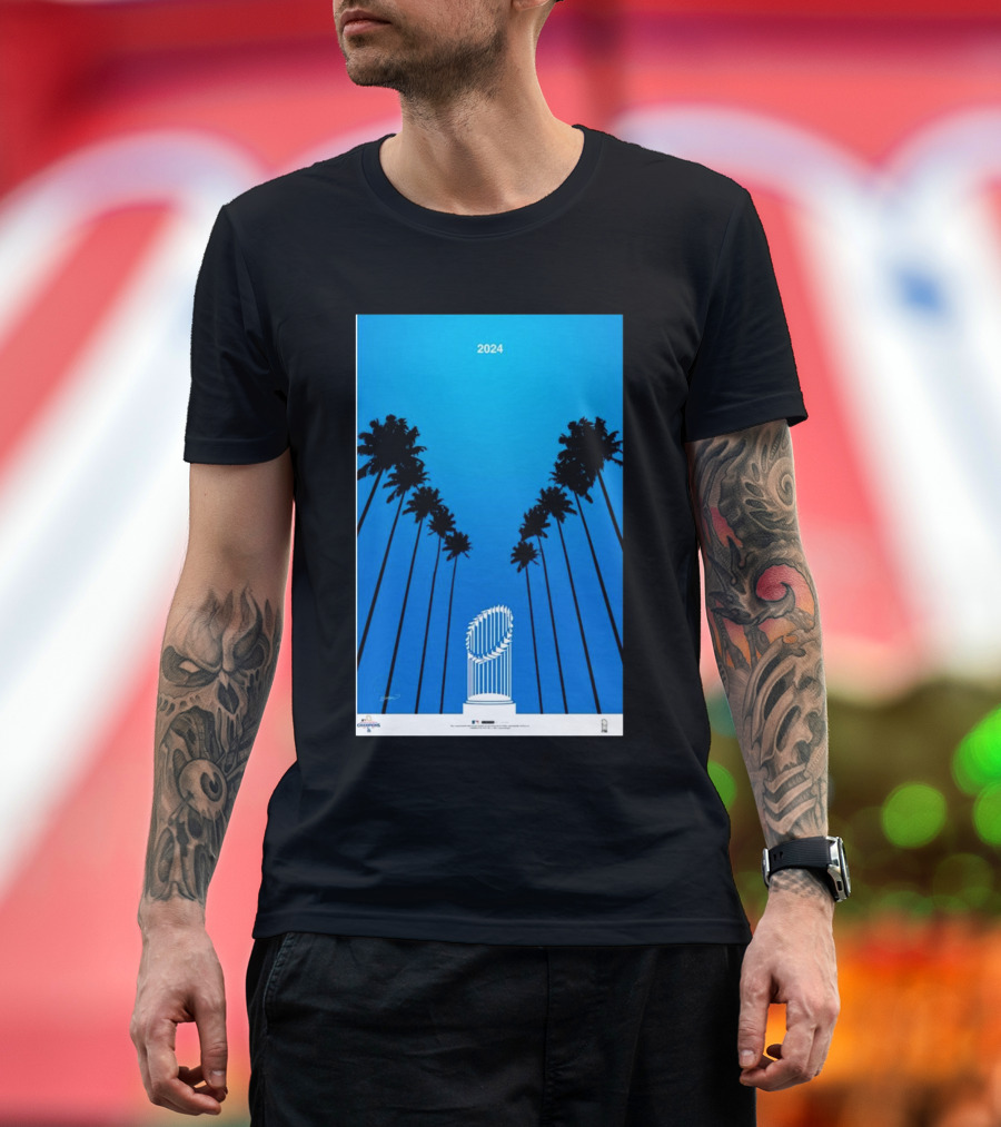 Los Angeles Dodgers 2024 World Series Champions Minimalist Poster with Trophy and Palm Trees T-Shirt