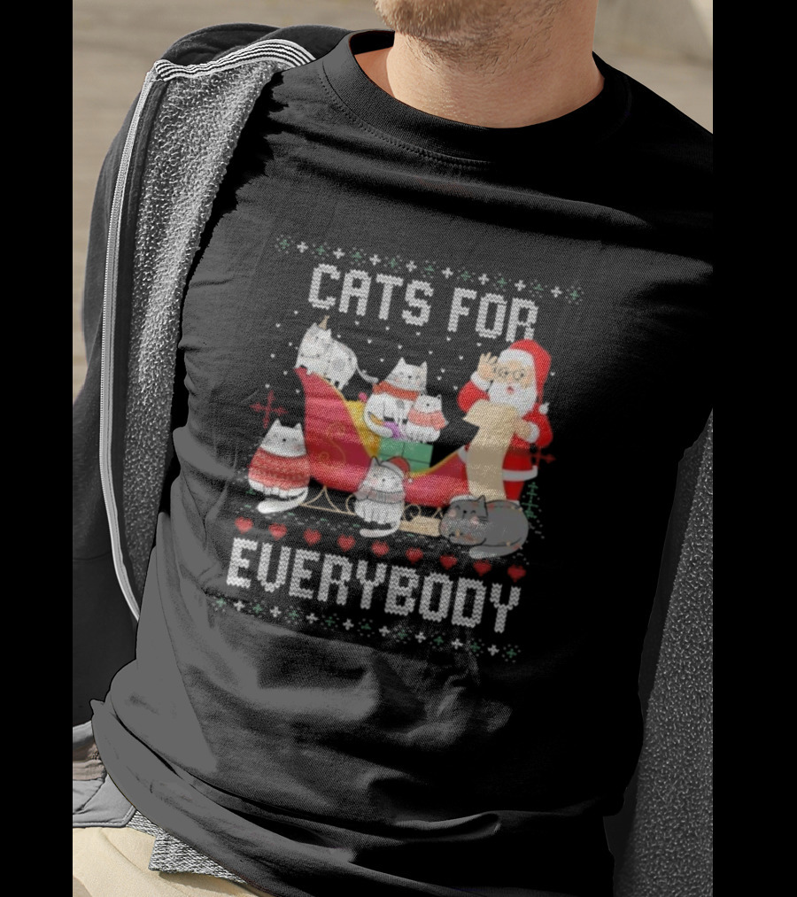 Cats For Everybody Christmas Ugly Cute Cat Lover Santa Sleigh Pullover T-Shirt