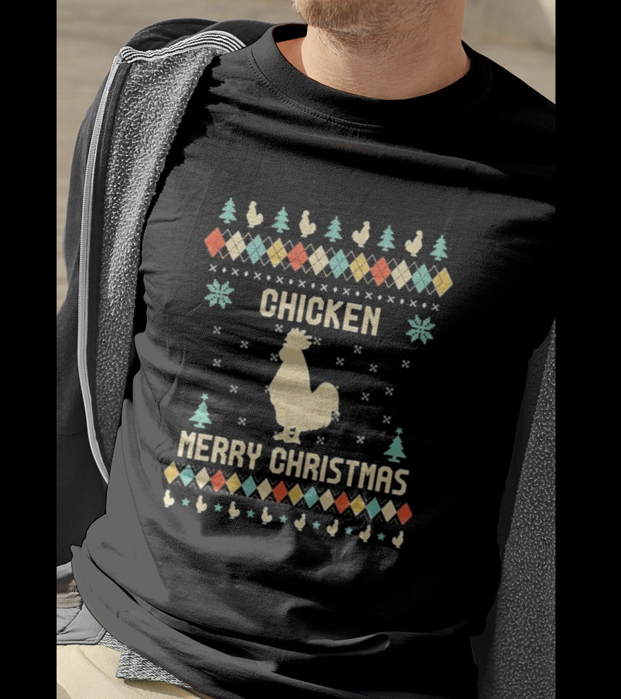 Chicken Merry Christmas Rooster Ugly Christmas Sweater Holiday Trees T-Shirt