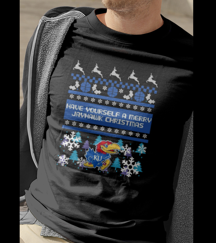 Kansas Jayhawk Have Yourself A Merry Jayhawk Christmas KU Snowflakes Basketball Reindeer T-Shirt