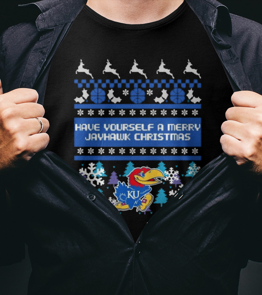 Kansas Jayhawk Have Yourself A Merry Jayhawk Christmas KU Snowflakes Basketball Reindeer T-Shirt