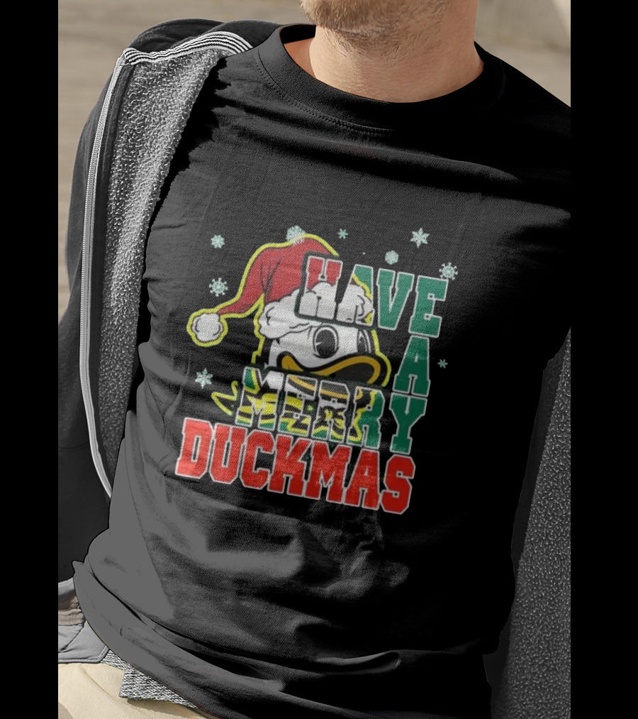 Oregon Ducks Have A Merry Duckmas Santa Hat Logo Snowflakes T-Shirt