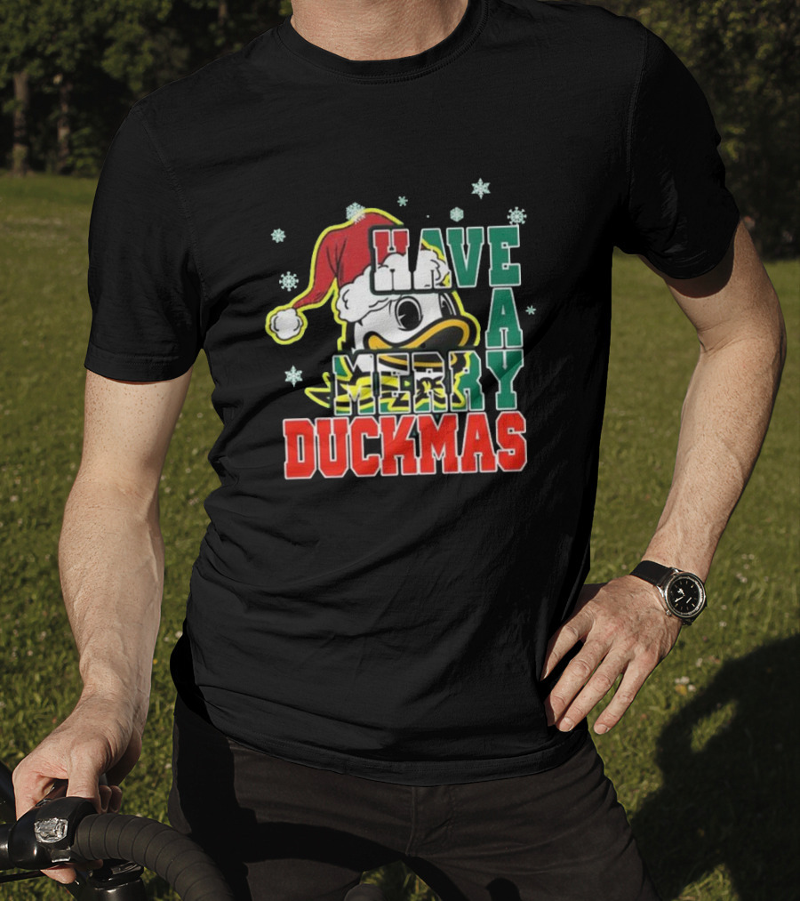 Oregon Ducks Have A Merry Duckmas Santa Hat Logo Snowflakes T-Shirt