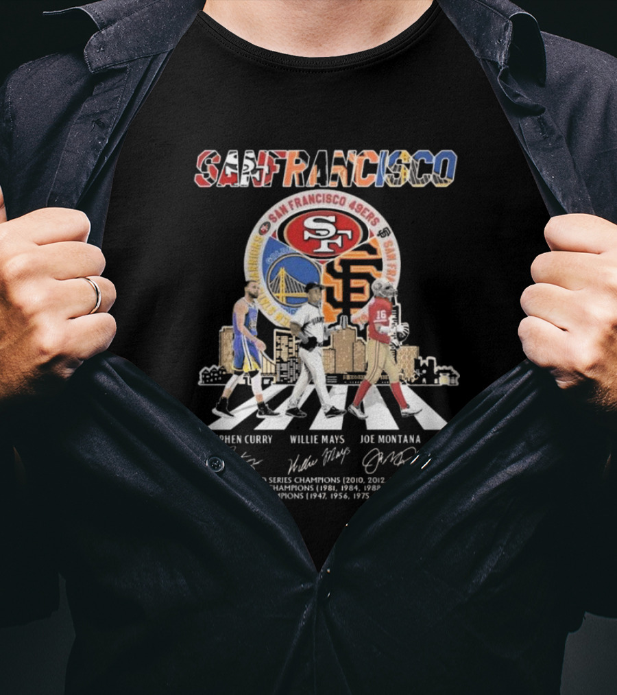 San Francisco Warriors Curry Giants Mays 49ers Montana Walking Signatures T-Shirt