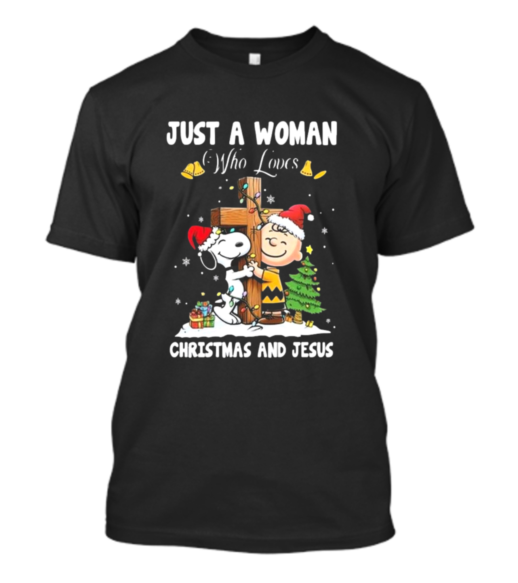 Snoopy And Charlie Brown Just A Woman Who Loves Christmas And Jesus T-Shirt
