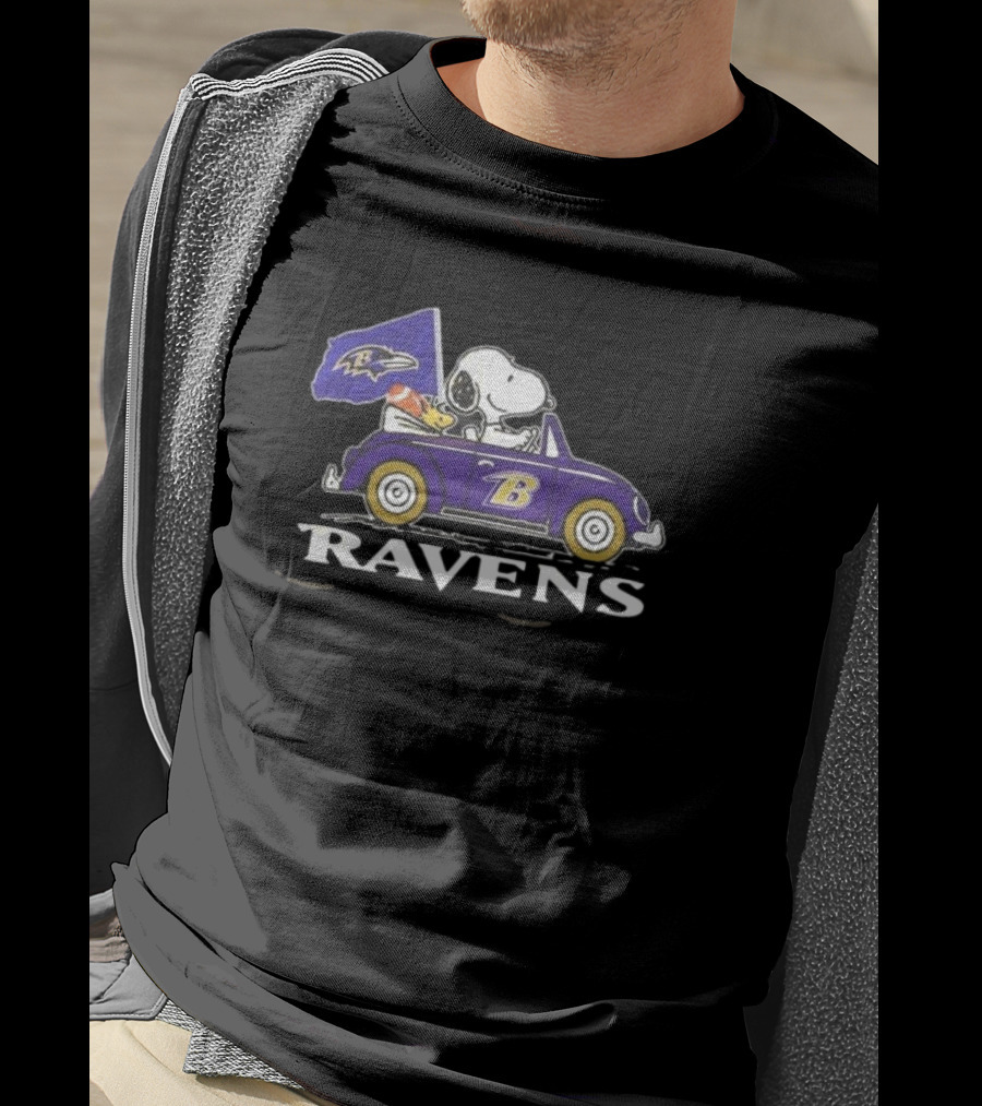 Snoopy Woodstock Driving Baltimore Ravens Car T-Shirt