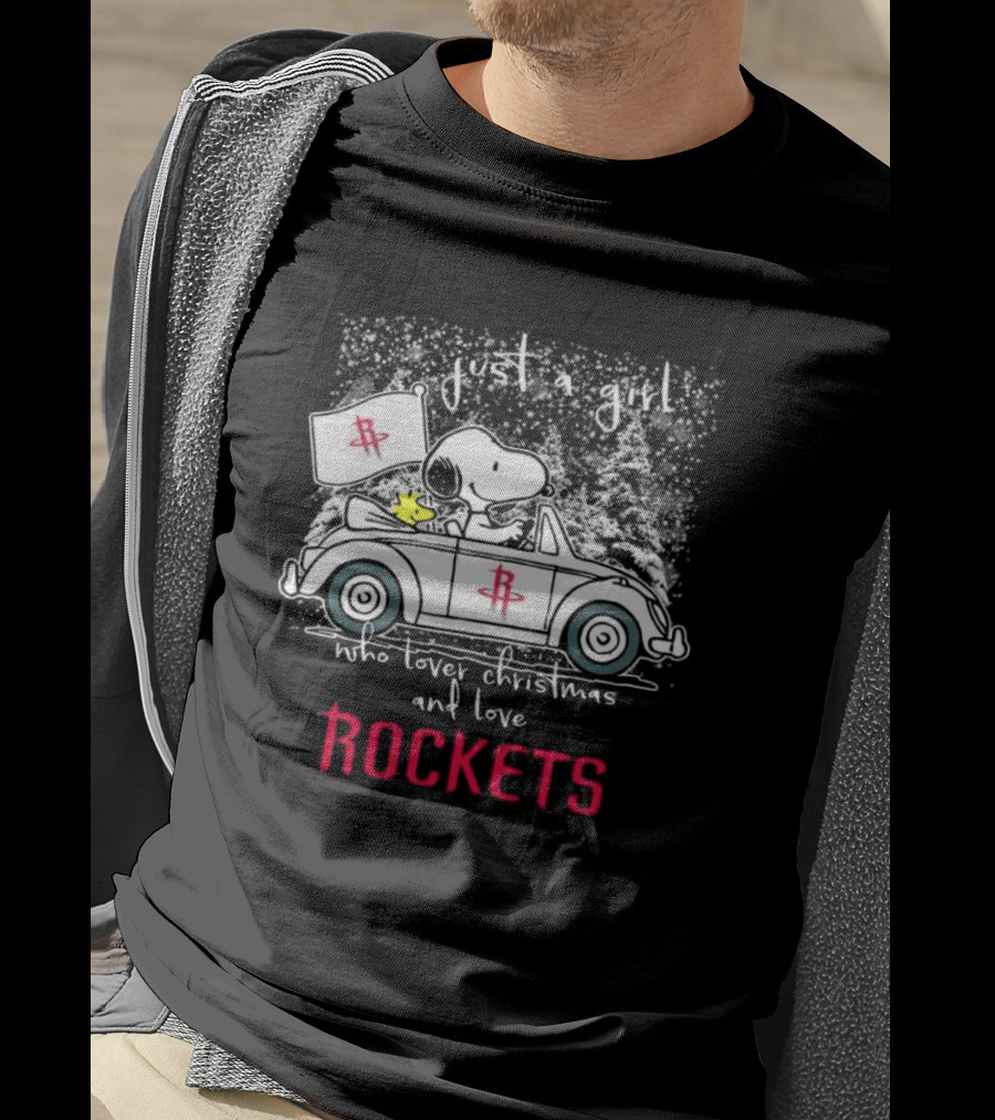 Just A Girl Who Loves Christmas And Houston Rockets Snoopy Woodstock Peanuts NBA T-Shirt
