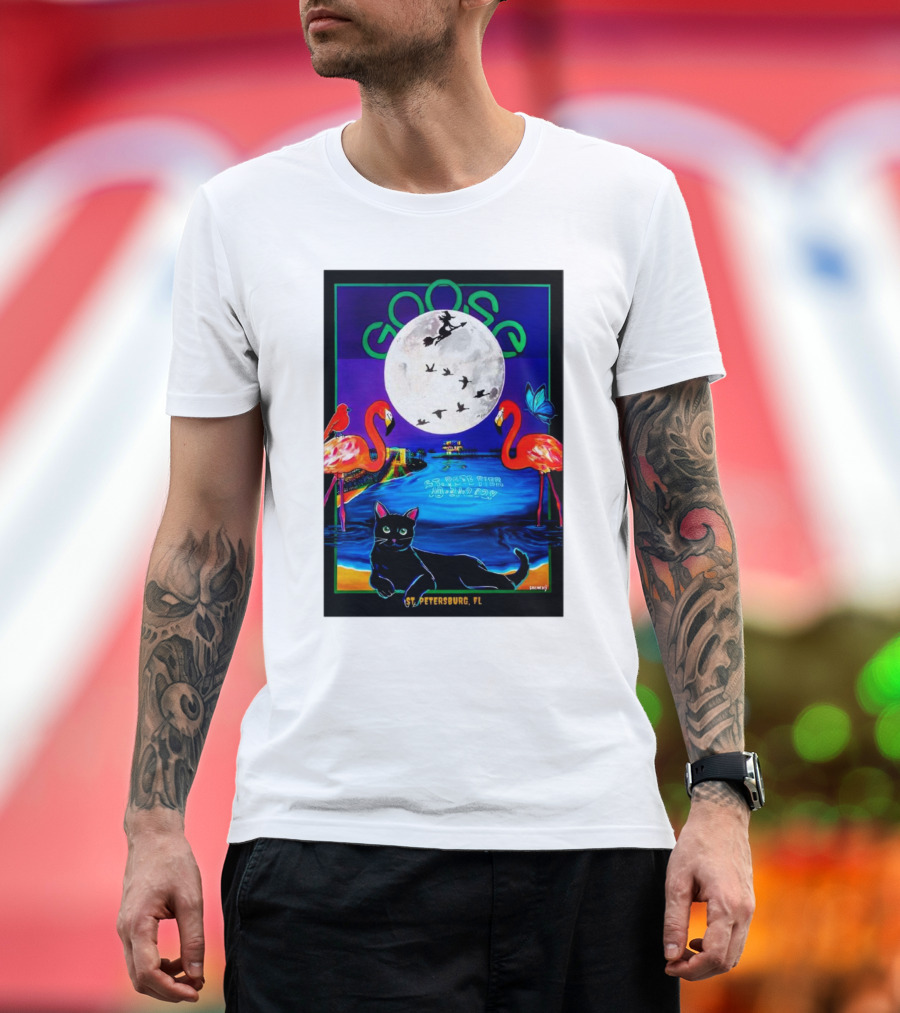 Goose Halloween Night Oct 31 2024 St Pete Pier St Petersburg FL Flamingos Moon Cat T-Shirt
