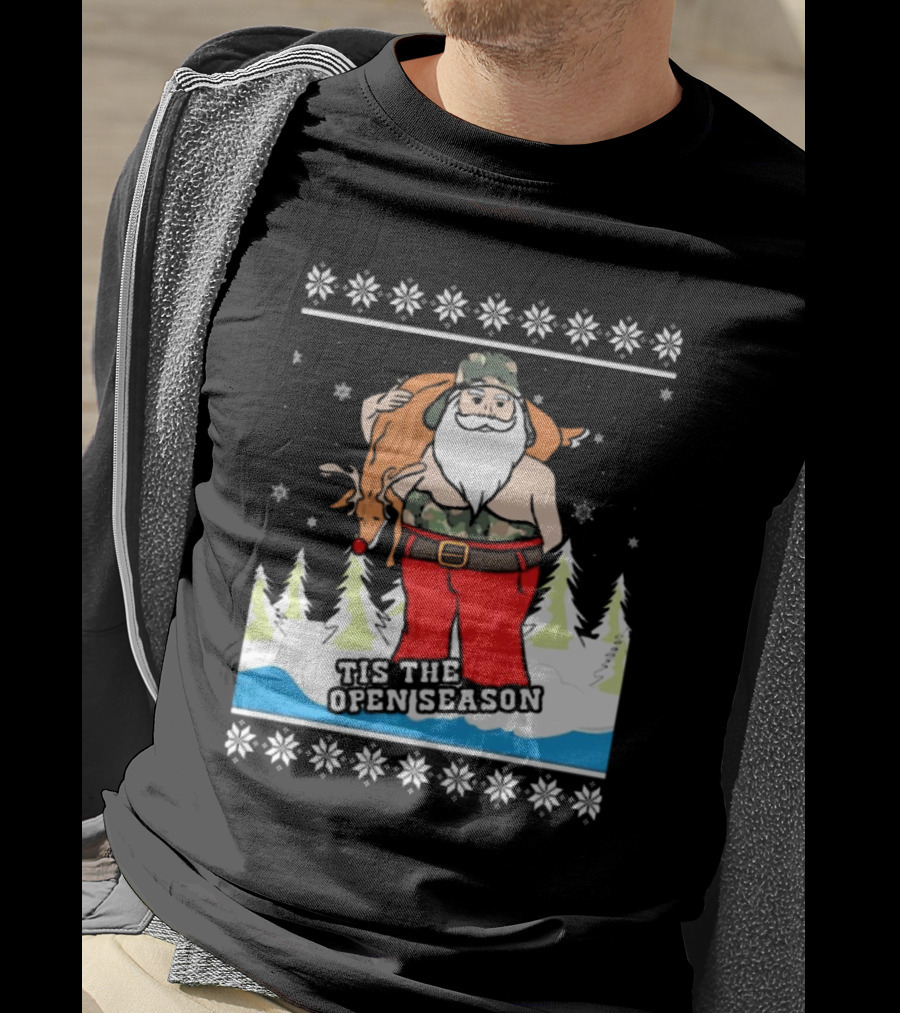Hunting Santa Tis The Open Season Camouflage Ugly Christmas Sweaters T-Shirt